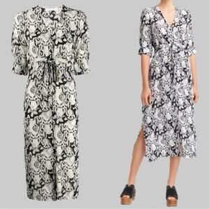 SEE BY CHLOE Black White Boho Print Dropped Waist Flounce Hem Midi Dress FR 36